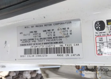 2015 Mazda Mazda3 z USA, uszkodzony, nr VIN JM1BM1U73F1268716